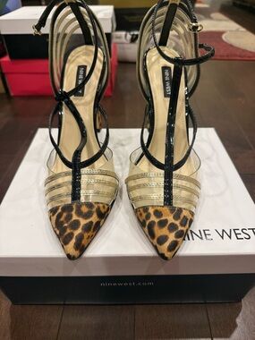 Nine West Leopard Print and Black Strappy Pointed Heels